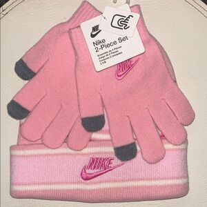 Nike Kids Pink and Gray Hat and Gloves Set